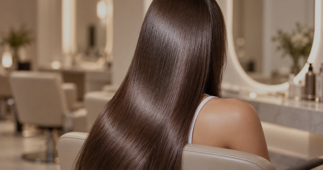 Long, sleek brunette hair with a glossy glass-like finish in a modern hair salon.