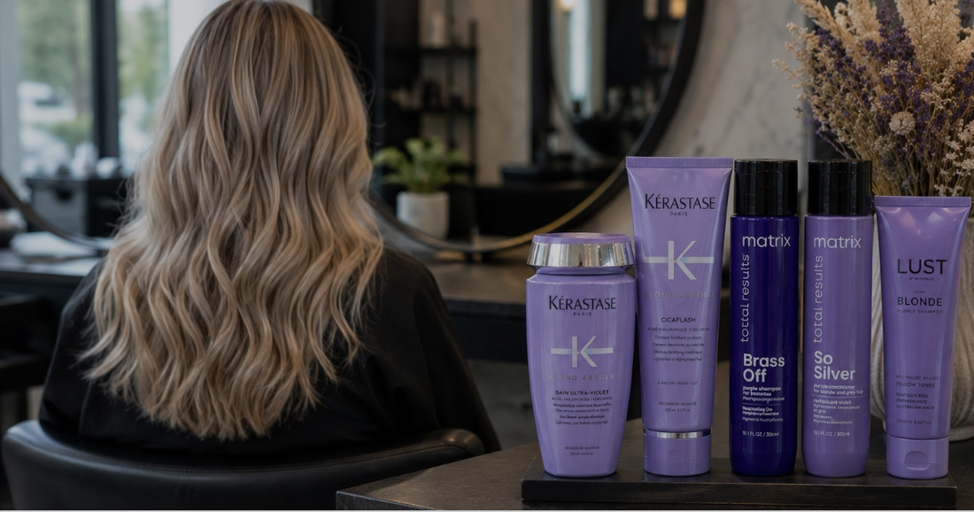 Ash blonde hair in a salon with purple toning products for maintaining cool tones and reducing brassiness.
