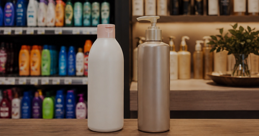 Supermarket shampoo and professional salon shampoo displayed side by side, highlighting the difference between everyday and salon-quality hair care products.