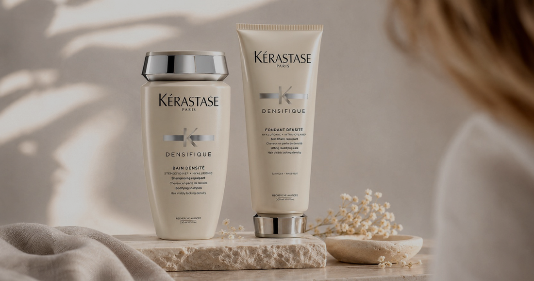 Kérastase Densifique shampoo and conditioner displayed on a stone surface in warm, natural light.